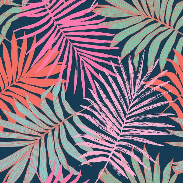 Bunte Tropische Blätter Mit Nahtlosem Muster Sommer Palmblatt Hintergrund Handgezeichnete — Stockvektor
