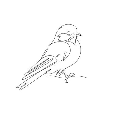 Dala tünemiş soyut küçük bir kuş. Daldaki kuş sürekli bir çizgi çiziyor. Karalama tarzında bahar sezonu konsepti sanatı. Robot resim. Devamlı çizim sanatı. El çizimi vektör illüstrasyonu.