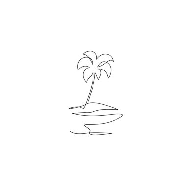 Palmiye ağacı, dağ, deniz bir çizgi çizer. Soyut tropikal ada sürekli çizgisi. Seyahat konsepti, minimalist çizgi sanatı. Logo ve dövme için el çizimi vektör illüstrasyonuName