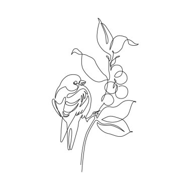 Böğürtlen dalına tünemiş soyut küçük bir kuş. Daldaki kuş sürekli tek bir çizgi çiziyor. Böğürtlenli dal ve tüneyen kuş. Sonbahar konsept sanatı. El çizimi vektör illüstrasyonu.