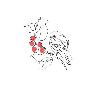 Böğürtlen dalına tünemiş soyut küçük bir kuş. Daldaki kuş sürekli tek bir çizgi çiziyor. Böğürtlenli dal ve tüneyen kuş. Sonbahar konsept sanatı. El çizimi vektör illüstrasyonu.