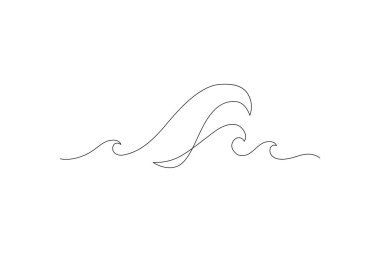 Deniz dalgaları sanat eseri çiziyor. Soyut dalga sürekli çizgi. Seyahat konsepti. Su dalgalanma hattı minimalist sanat. Logo, dövme ve şablon için el çizimi vektör illüstrasyonuName
