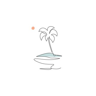 Palmiye ağacı, dağ, deniz bir çizgi çizer. Soyut tropikal ada sürekli çizgisi. Seyahat konsepti, minimalist çizgi sanatı. Logo ve dövme için el çizimi vektör illüstrasyonuName