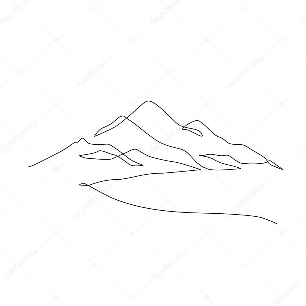 Abstract mountain range landscape, flat scenery background. Mountains panoramic view. One line nature illustration. Vector travel wallpaper for minimal poster, template, adventure tourism