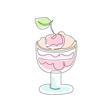 Soyut tatlı yoğurt parfe tatlı bardakta vişneli meyve, çırpılmış krema katmanları. Elle çizilmiş şekerlemeler minimum tasarım. Restoran menüsü için vektör illüstrasyonu beyaz arkaplanda izole edildi