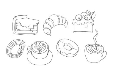 Soyut kahve fincanı, kek dilimi, donut, cheesecake, kruvasan sürekli tek sıra sanat. El yapımı kafe ve tatlı tasarımı çok az. Restoran menüsü için vektör illüstrasyonu beyaz arkaplanda izole edildi