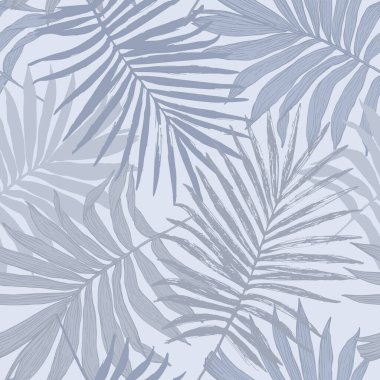 Soyut tropikal yeşillik arka planı pastel mavi renklerde. Palmiye yaprakları sanat eseri, grunge silueti pürüzsüz desen. Mayo tasarımı, duvar kağıdı, tekstil için vektör tropikleri çizimi