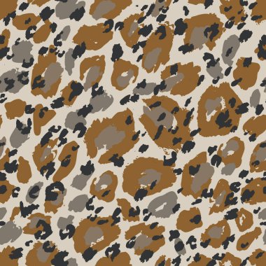 Animal skin print. Leopard`s spotted fur seamless pattern design. Trendy abstract texture with brush strokes, rosettes. Trendy vector illustration for surface wrapping, fabric design