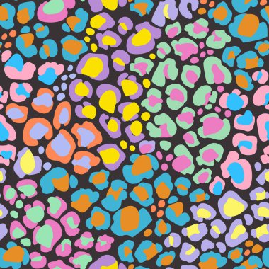 Hayvan derisi pürüzsüz desen. Leoparın benekli kürk taklidi. Yaratıcı leopar arkaplanı. Pop sanat renklerinde dijital sanat. Yüzey ambalajı ve kumaş tasarımı için moda vektör illüstrasyonu