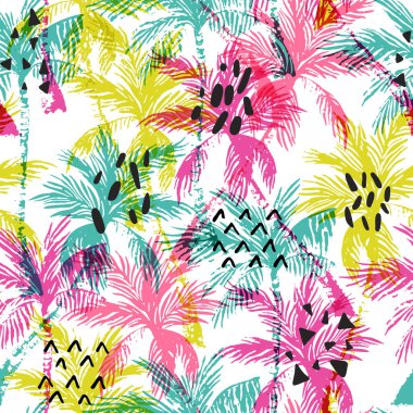 Soyut tropikal bölgeler pürüzsüz. Grunge palmiye ağaçları siluetleri şeffaf doku arkaplanı. Orman vektör sanatı. Yaz tasarımı için el çizimi egzotik illüstrasyon, plaj mayosu, kumaş, duvar kağıdı