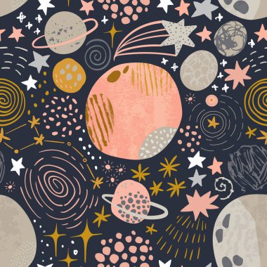 Karikatür kozmik arkaplan: gezegenler, ay, kayan yıldızlar, galaksi, Samanyolu. Kozmos sanat illüstrasyonunda grunge, doodle, Scrabble dokusu. Çocuk yuvası, tekstil, hatıra defteri için kusursuz desen