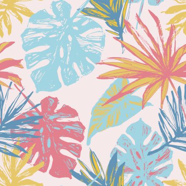 Grunge desenli soyut tropikal yapraklar. Moda tropikleri pürüzsüz palmiye yaprakları, hayran palmiyesi yaprakları, parlak renkli canavar yaprakları. Yüzey tasarımı için vektör sanatı, kumaş, duvar kağıdı