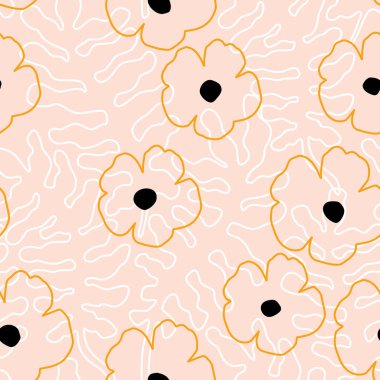 Çiçeksiz, soyut bir desen. Özet olarak çizilmiş çiçekler, geçmişe dönük renkler bırakıyor. Büyük, çiçek açan papatya çiçeği tasarımı. Paket, tekstil, kumaş, duvar kağıdı için vektör çizgisi çizimi