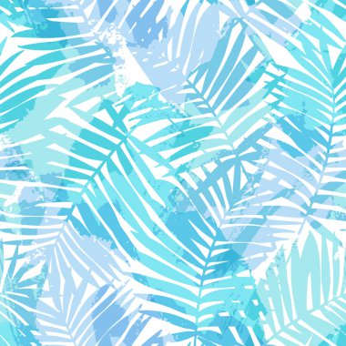 Soyut tropikal bitki örtüsü. Palmiye yaprakları suluboya desenli, pürüzsüz. Tropik suluboya resim. Yazdırma kumaşı tasarımı, duvar kağıdı, tekstil için vektör illüstrasyonu