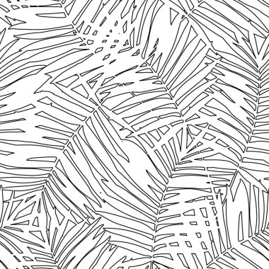 Soyut tropikal bitki örtüsü. Palmiye yaprakları, sanat siluetinde pürüzsüz desen oluşturuyor. Bir sıra tropikal çizim. Asgari baskı kumaş tasarımı, duvar kağıdı, tekstil için vektör çizimi
