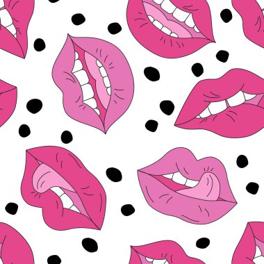 Dişleri olan soyut bir ağız, dudakları pürüzsüz. Modern tek çizgi sanat geometrik şekiller arka plan. Yazdırma kumaşı tasarımı için kesintisiz komik dudaklar, minimal noktalar vektör çizimi