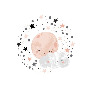 Gülen bir bulutta uyuyan sevimli ay. Geceleyin dolunay karakteri yıldızların arka planında. Çocuk odası tasarımı için el çizimi karikatür çizimi, tişört baskısı. Çocuk vektör çizimi