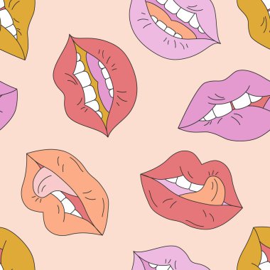 Pop sanatında komik dudaklar arka planda, psikedelik tarzda. Ağzı açık, dişleri açık, dudakları şehvetli, duyguları kusursuz. Sıradışı çağdaş tasarım için cesur vektör çizimi, yazdırma