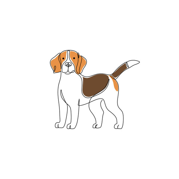 Abstract beagle dog drawing. Continuous one line art of canine pet. Funny beagle dog standing isolated on white background. Vector minimalistic linear illustration. Domestic breed contour shape symbol