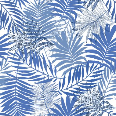 Tropikal yapraklar pürüzsüz. Yaz tropikleri yaprak arka planı. Yarım tonlu siluetler, çizimler, çizimler. Çiçek baskıları, duvar kağıdı, tekstil, kumaş tasarımı için vektör sanatı çizimi