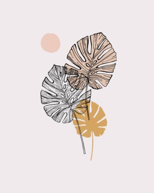 Modern geometrik baskı: soyut şekiller, 80 'lerde tropikal yapraklar, 90' larda minimal düz stil. Geometrik İskandinav poster tasarımı. Canavar yaprağı, çizgili dokular ve karalamalarla vektör illüstrasyonu