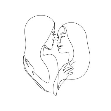 Soyut lezbiyen çift çizimi. LGBT lezbiyen homoseksüel aile. Öpüşen kadınlar, beyaz arka planda izole edilmiş sarılanlar. Aşk mutluluk konsepti için aralıksız çizgi çizimleri, gurur günü.