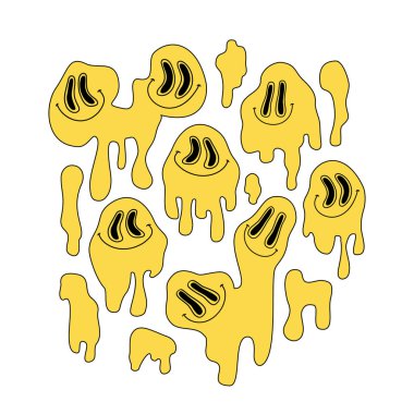 Pop sanatında çizgi roman damlayan gülen yüzler, graffiti tarzı. Gülümseyen karakter boyası damlatır. Eriyen organik şekiller iz bırakıyor. Çarpık yüzler, havalı titreşimler. Hippi illüstrasyon tasarımı