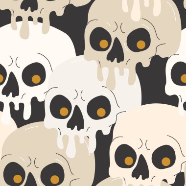 Psikedelik damlatan boya kafatasının kusursuz şekli. Karanlık arka planda karikatür tarzında asidik bir ölü karakter. Cadılar Bayramı geçmişi. Tekstil kumaş tasarımı için ürkütücü vektör çizimi