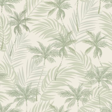 Palmiye yapraklarının üzerinde soyut hindistan cevizi ağaçları var. Pastel zeytin yeşili renklerde soyut tropikal bitki örtüsü. Asgari kumaş, yazdırma, arkaplan için vektör illüstrasyonu