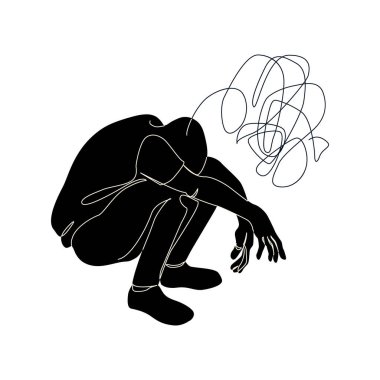 Psikolojik hastalıklardan muzdarip depresif bir adamın soyut silüeti, endişe. Akıl sağlığı problemi konsepti. Asgari sanat tasarımı. Sağlık ve psikoloji logosu için vektör grafik çizimi