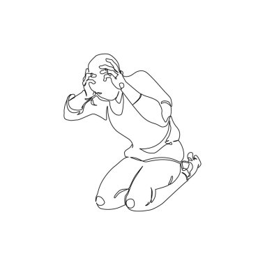 Psikolojik hastalıklardan muzdarip depresif bir adamın soyut silüeti, endişe. Akıl sağlığı problemi konsepti. En az bir çizim çizimi. Devamlı çizgi tasarımı vektör grafik çizimi