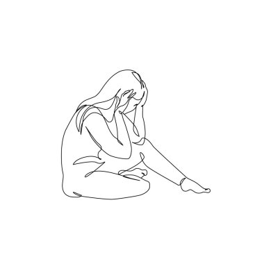 Mutsuz bir kadın yalnız, üzgün, soyut depresif genç kız silueti anksiyeteden muzdarip. Akıl sağlığı problemi konsepti. En az bir çizim çizimi. Devamlı çizgi vektör illüstrasyonu