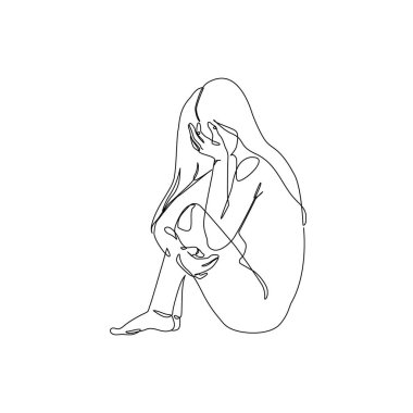 Mutsuz bir kadın yalnız, üzgün, soyut depresif genç kız silueti anksiyeteden muzdarip. Akıl sağlığı problemi konsepti. En az bir çizim çizimi. Devamlı çizgi vektör illüstrasyonu