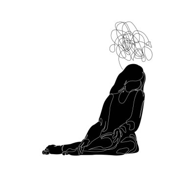 Mutsuz bir kadın köşede yalnız, üzgün, soyut depresif genç kız silueti anksiyeteden muzdarip. Akıl sağlığı problemi konsepti. En az bir çizim çizimi. Devamlı çizgi vektörü
