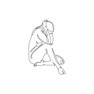 Mutsuz bir kadın yalnız, üzgün, soyut depresif genç kız silueti anksiyeteden muzdarip. Akıl sağlığı problemi konsepti. En az bir çizim çizimi. Devamlı çizgi vektör illüstrasyonu