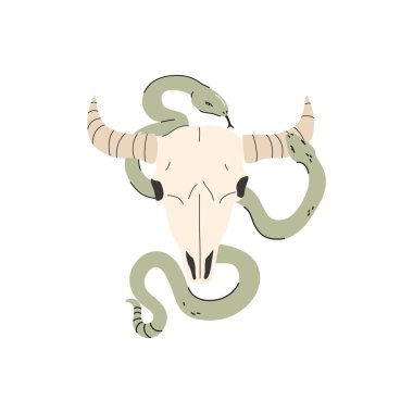 Soyut inek kafatası çizimi. Çizgi film tarzında bir boğa karakteri. Yapıştırma, logo, ikon, tişört, kapüşonlu moda tasarımı için Boğa Kafatası ve yıldızların olduğu mistik bir kavram. Vektör sanatı