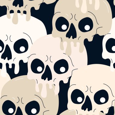 Psikedelik damlatan boya kafatasının kusursuz şekli. Karanlık arka planda karikatür tarzında asidik bir ölü karakter. Cadılar Bayramı geçmişi. Tekstil kumaş tasarımı için ürkütücü vektör çizimi