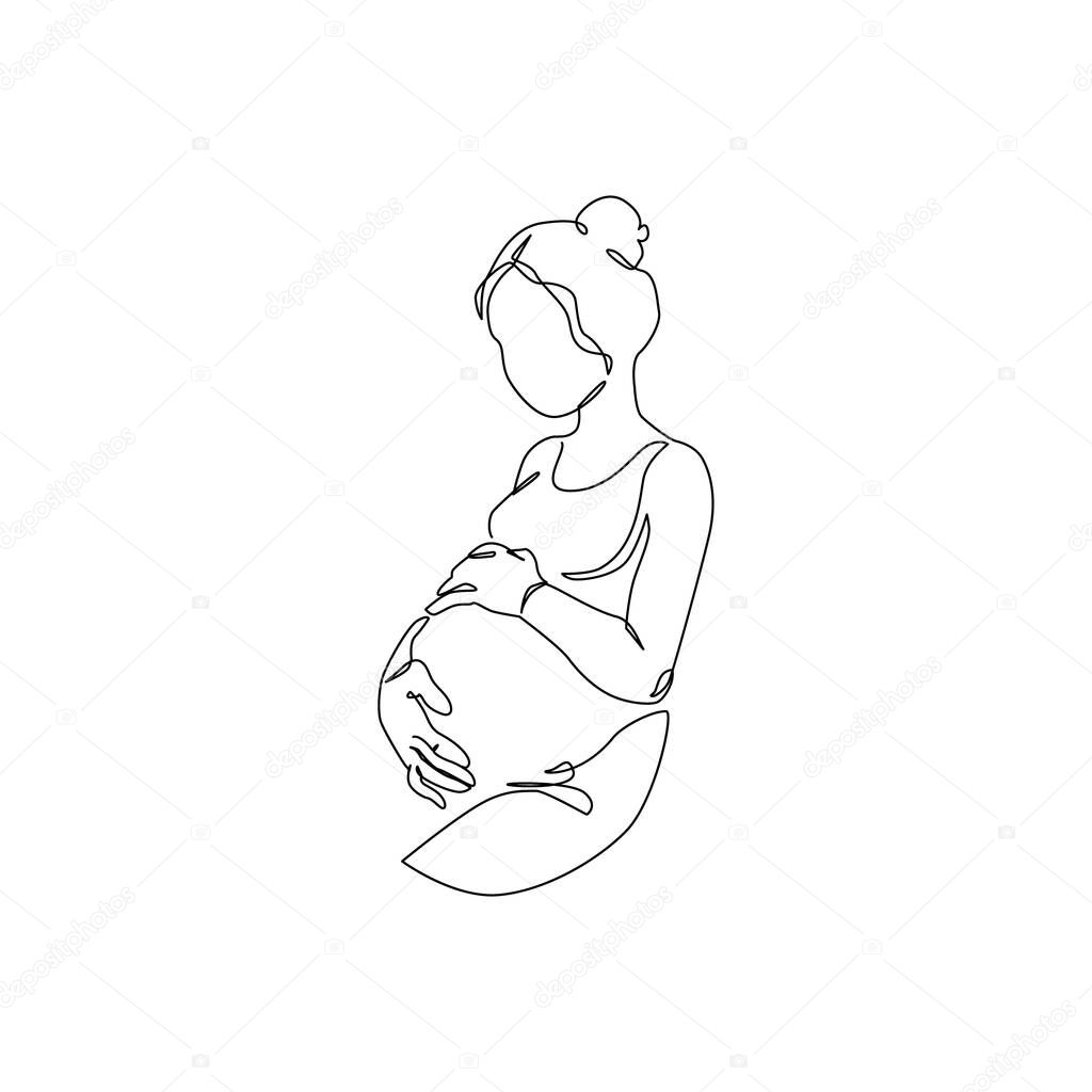Pregnant woman silhouette isolated on white background. Pregnancy concept in one line art style. Abstract pregnant woman, maternal care, baby, mother, gynecology, health concept. Vector illustration