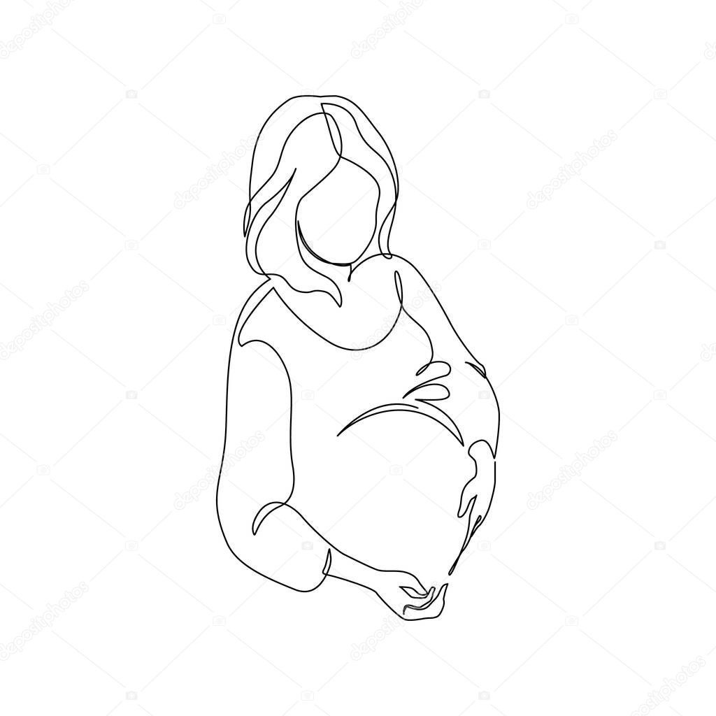 Pregnant woman silhouette isolated on white background. Pregnancy concept in one line art style. Abstract pregnant woman, maternal care, baby, mother, gynecology, health concept. Vector illustration
