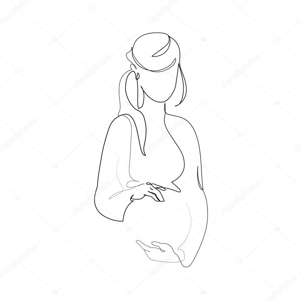 Pregnant woman silhouette isolated on white background. Pregnancy concept in one line art style. Abstract pregnant woman, maternal care, baby, mother, gynecology, health concept. Vector illustration