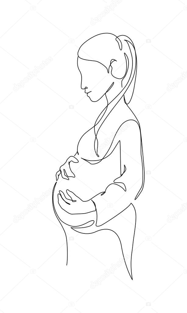 Pregnant woman silhouette isolated on white background. Pregnancy concept in one line art style. Abstract pregnant woman, maternal care, baby, mother, gynecology, health concept. Vector illustration
