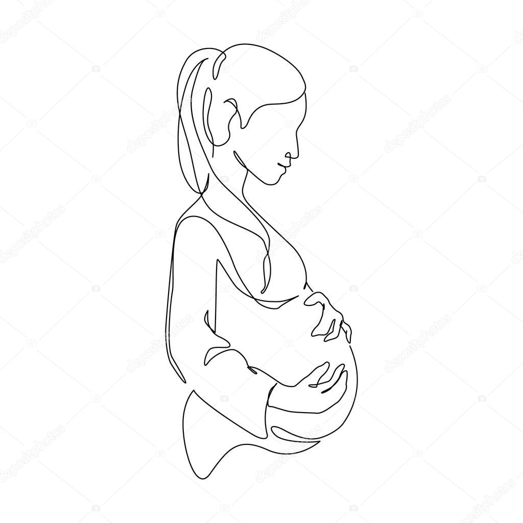 Pregnant woman silhouette isolated on white background. Pregnancy concept in one line art style. Abstract pregnant woman, maternal care, baby, mother, gynecology, health concept. Vector illustration