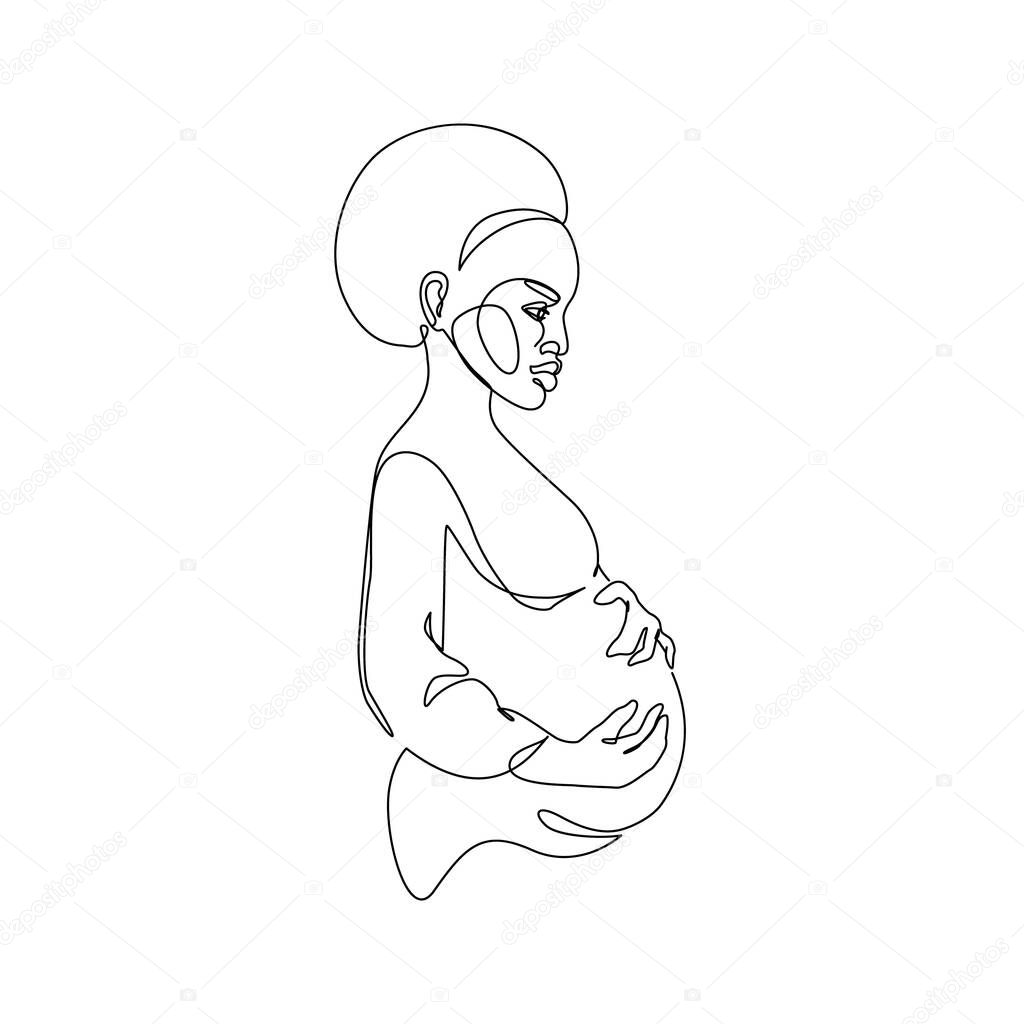 Pregnant African American woman silhouette isolated on white background. Pregnancy one line art. Abstract pregnant woman, maternal care, baby, mother, gynecology, health concept. Vector illustration