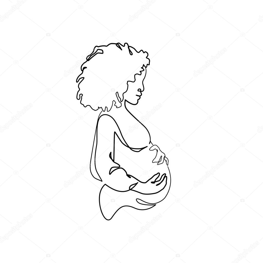 Pregnant African American woman silhouette isolated on white background. Pregnancy one line art. Abstract pregnant woman, maternal care, baby, mother, gynecology, health concept. Vector illustration