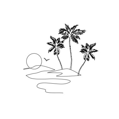 Bir çizgi tropikal vaha adası çiziyor, cennet konsepti. Soyut günbatımı, dağlar, hindistan cevizi palmiyesi manzarası sürekli sanat. Asgari poster, şablon, yazdırma, arkaplan
