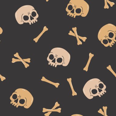 Çizgi filmlerdeki kafatasları, çapraz kemikler, kusursuz desenler. Kafatası ve kemik izi. Çizgi film tarzında soyut iskelet, koyu arkaplanda. Cadılar Bayramı tasarımı. Tekstil kumaşı için ürkütücü vektör çizimi