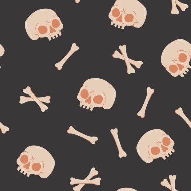 Çizgi filmlerdeki kafatasları, çapraz kemikler, kusursuz desenler. Kafatası ve kemik izi. Çizgi film tarzında soyut iskelet, koyu arkaplanda. Cadılar Bayramı tasarımı. Tekstil kumaşı için ürkütücü vektör çizimi