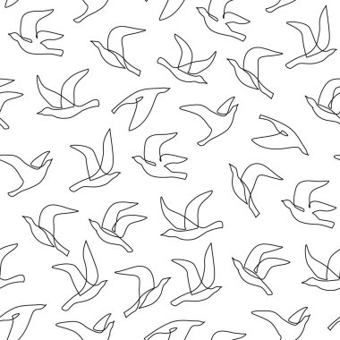 Beyaz arka planda soyut uçan kuşlar. Özgürlük kavramı. Güvercin çizimleri, güvercinler kusursuz desenler. Kuş siluetleri bir satır sanat eseri. Asgari tekstil kumaş baskı tasarımı için vektör illüstrasyonu