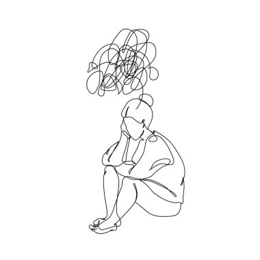 Depresyonda olan genç bir kadının soyut silüeti anksiyeteden muzdarip. Akıl sağlığı sorunu, psikolojik hastalıklar konsepti. En az bir çizim çizimi. Devamlı çizgi vektör grafik çizimi