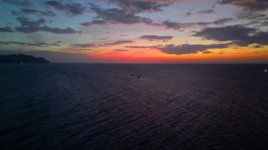 Aerial Panorama view of tropical beach seascape horizon. Royalty high-quality free best stock of sunrise over ocean horizon, panoramic sea skyline beach, relaxing outdoors vacation, the sun rising up over sea 